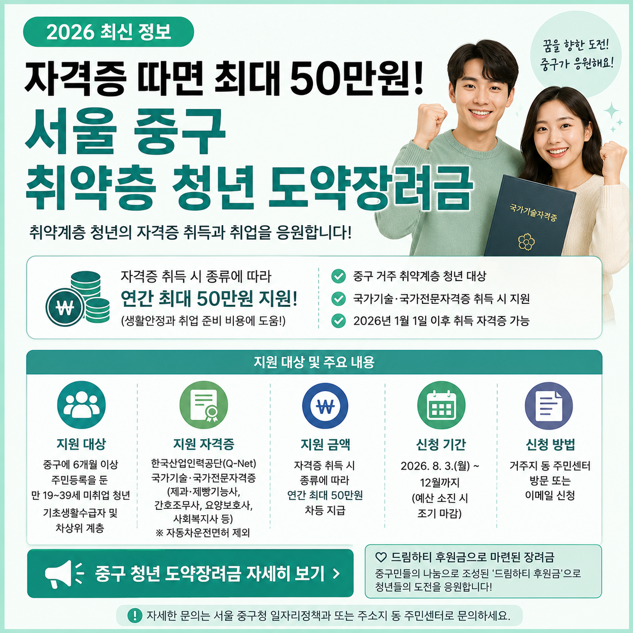 2026 서울 중구 청년 도약장려금 자격증 취득 최대 50만 원
