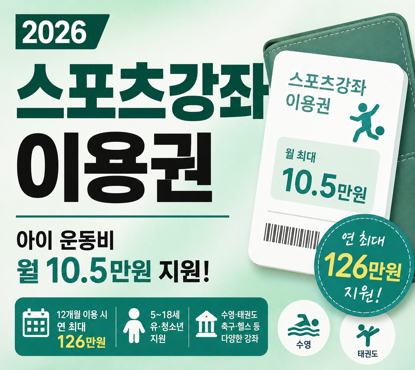 2026 스포츠강좌이용권 유청소년 월 10만5천원 연 최대 126만원 지원