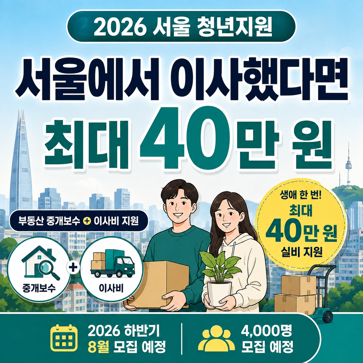 2026 서울 청년 이사비 지원 하반기 4천 명 최대 40만 원