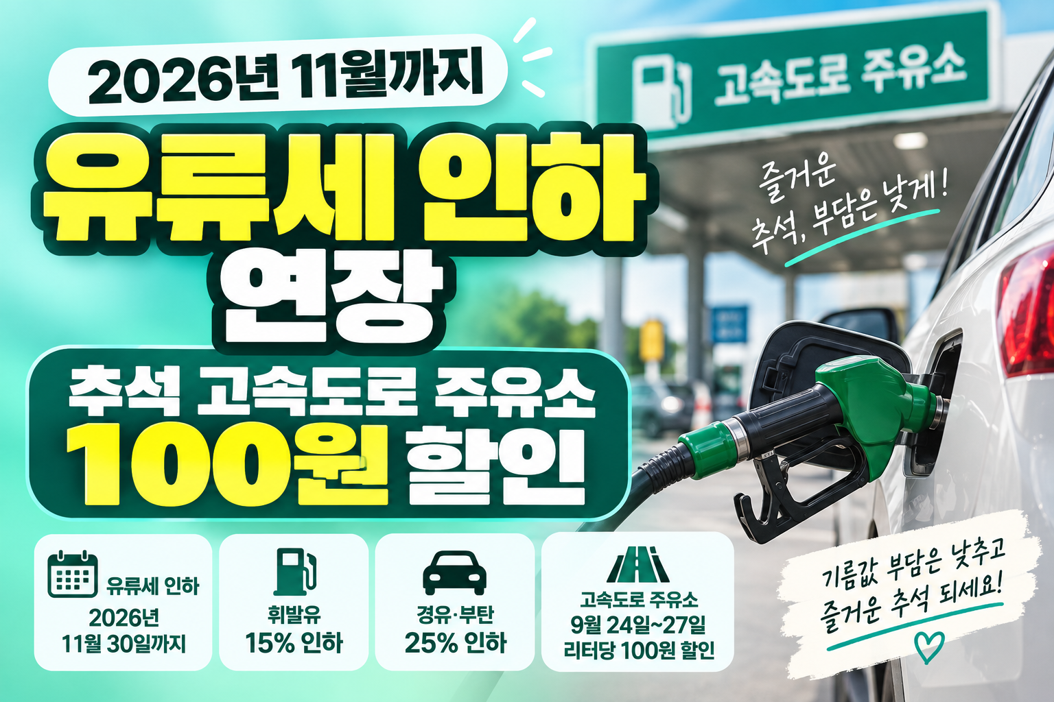 유류세 인하 연장 2026년 11월까지 추석 고속도로 주유소 100원 할인