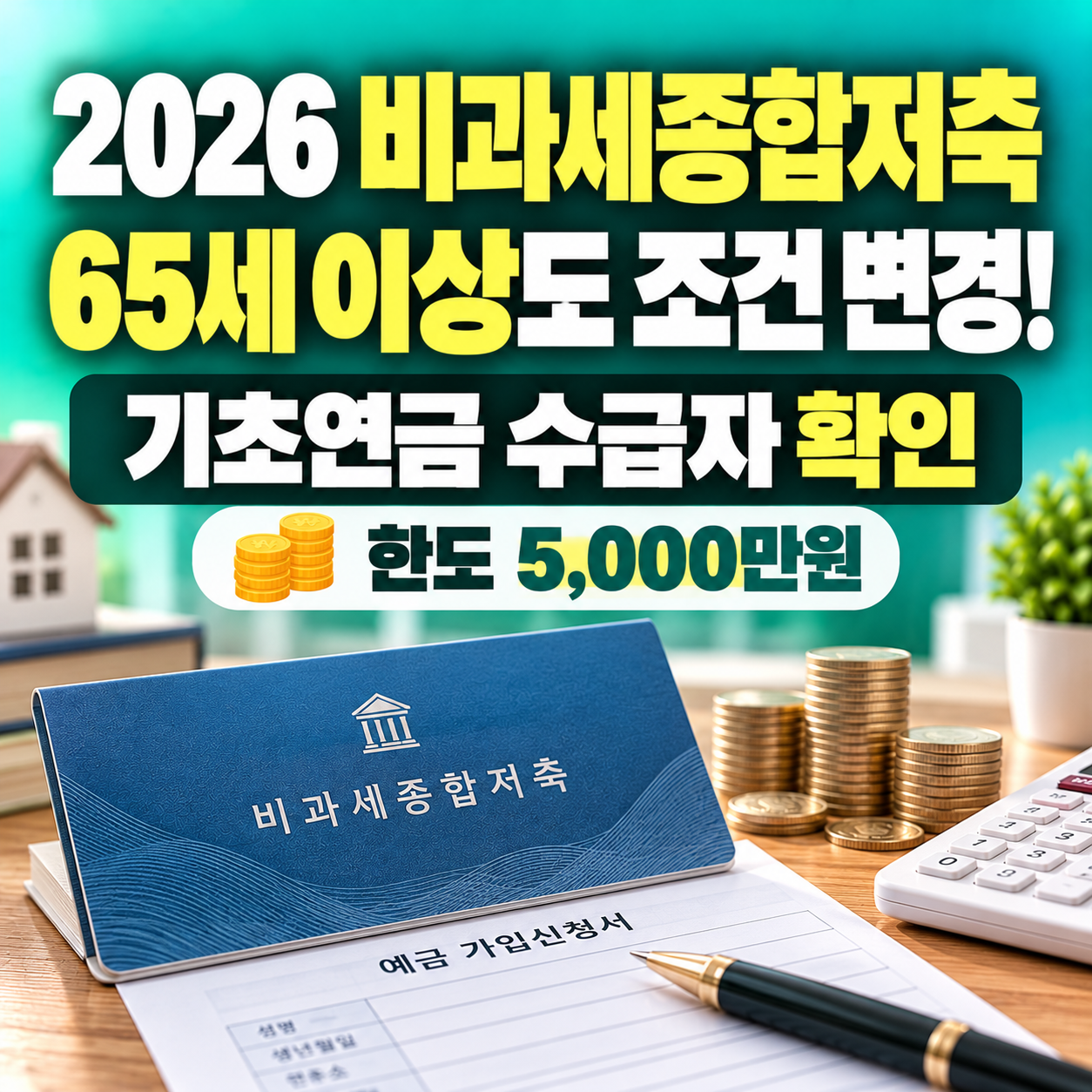 2026 비과세종합저축 가입조건 변경과 65세 이상 기초연금 수급자 요건, 5,000만원 비과세 원금한도를 안내하는 민트·청록색 금융 썸네일
