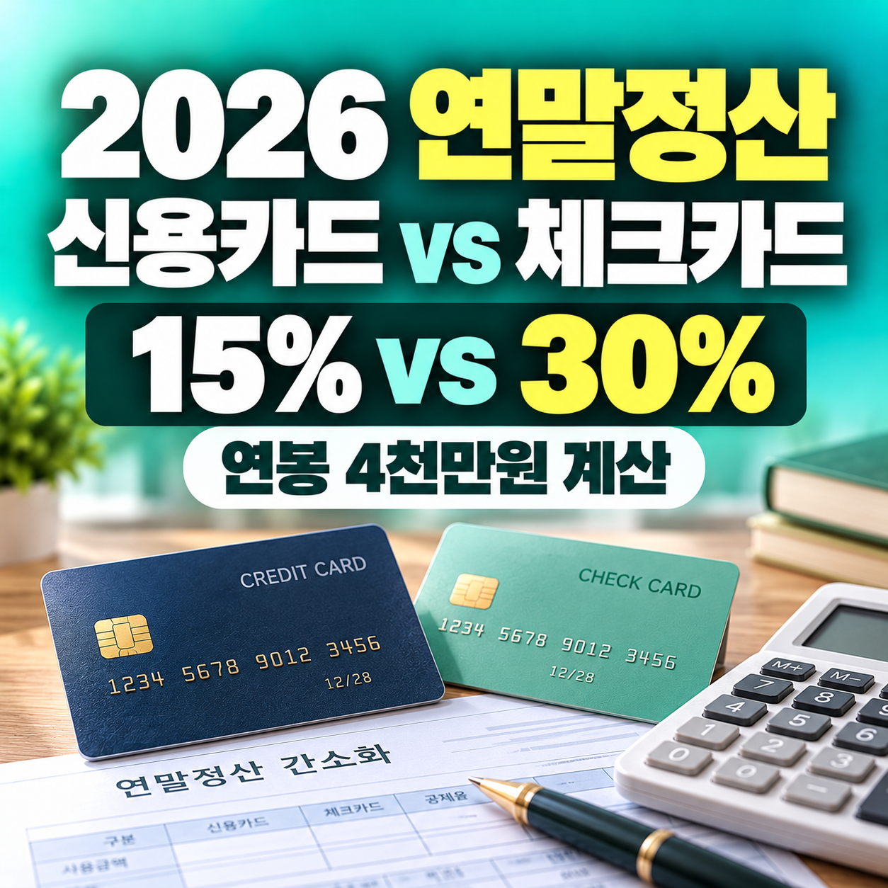 2026 연말정산 신용카드 체크카드 소득공제 15%·30% 비교와 연봉 4천만원의 공제액 계산을 안내하는 민트·청록색 썸네일