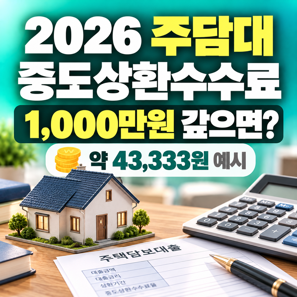 2026 주택담보대출 중도상환수수료 계산방법과 1,000만원 조기상환 시 예상 수수료 43,333원을 안내하는 민트·청록색 썸네일