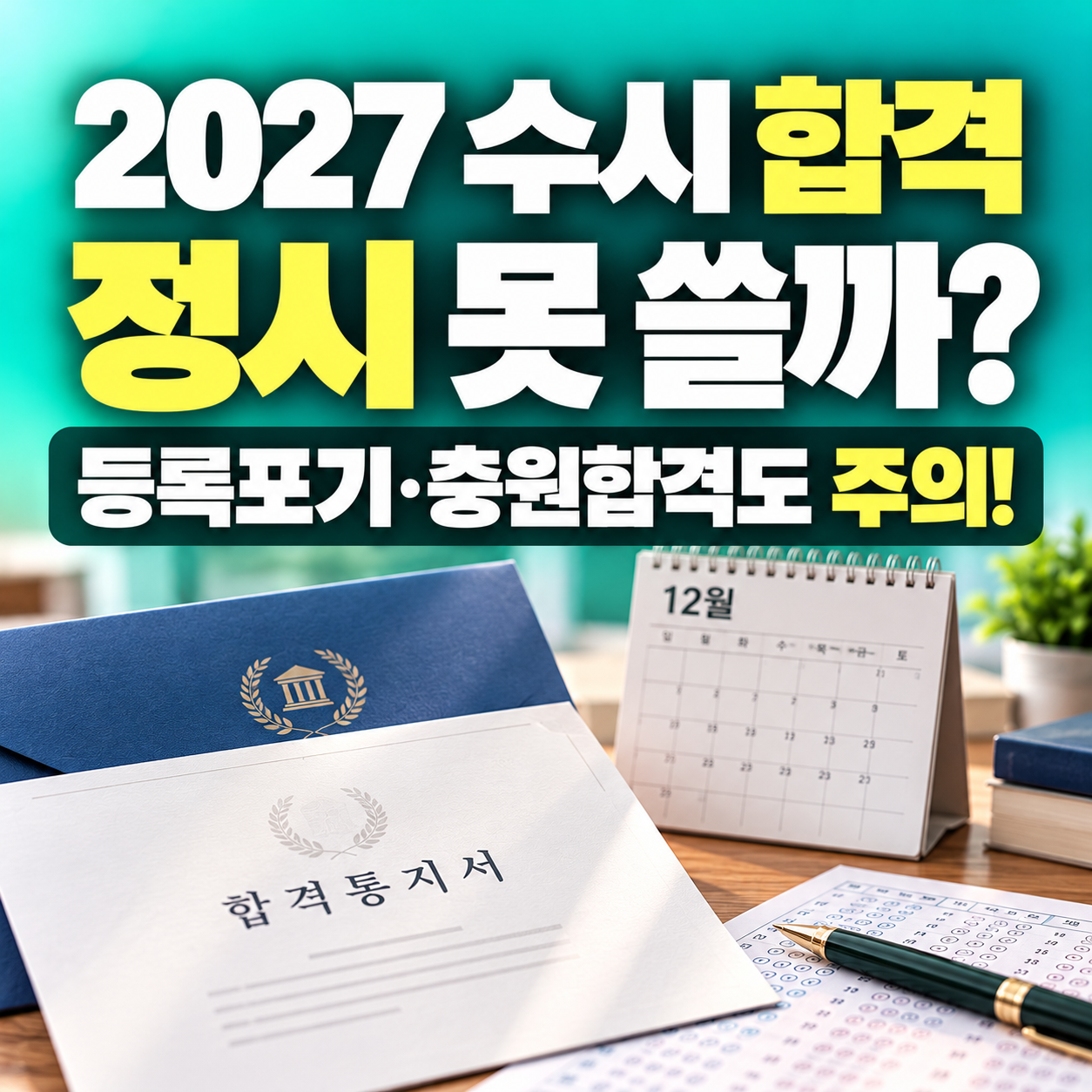 2027 수시 합격하면 정시 지원이 가능한지 안내하는 민트·청록색 썸네일, 수시 합격통지서와 12월 달력, 등록포기·충원합격 주의 문구