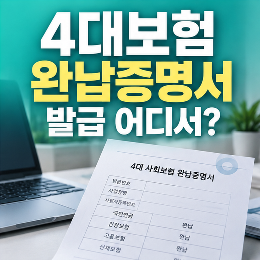 2026 4대보험 완납증명서 발급방법을 안내하는 민트 청록색 썸네일, 노트북과 사회보험 완납증명서