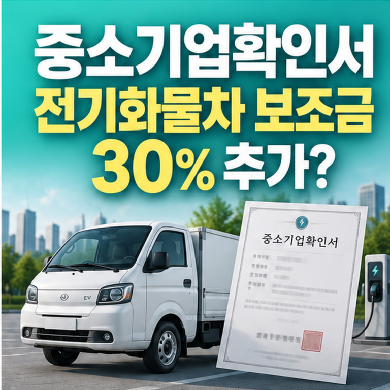 2026 중소기업확인서 발급방법과 소상공인 전기화물차 국비 보조금 30% 추가지원 기준을 소개하는 민트 청록색 썸네일