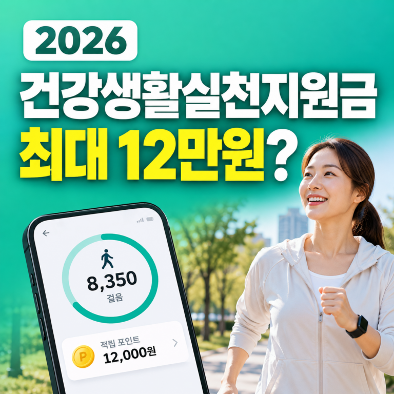민트 청록색 배경에 2026 건강생활실천지원금 신청방법과 예방형 최대 12만 포인트를 안내하는 이미지