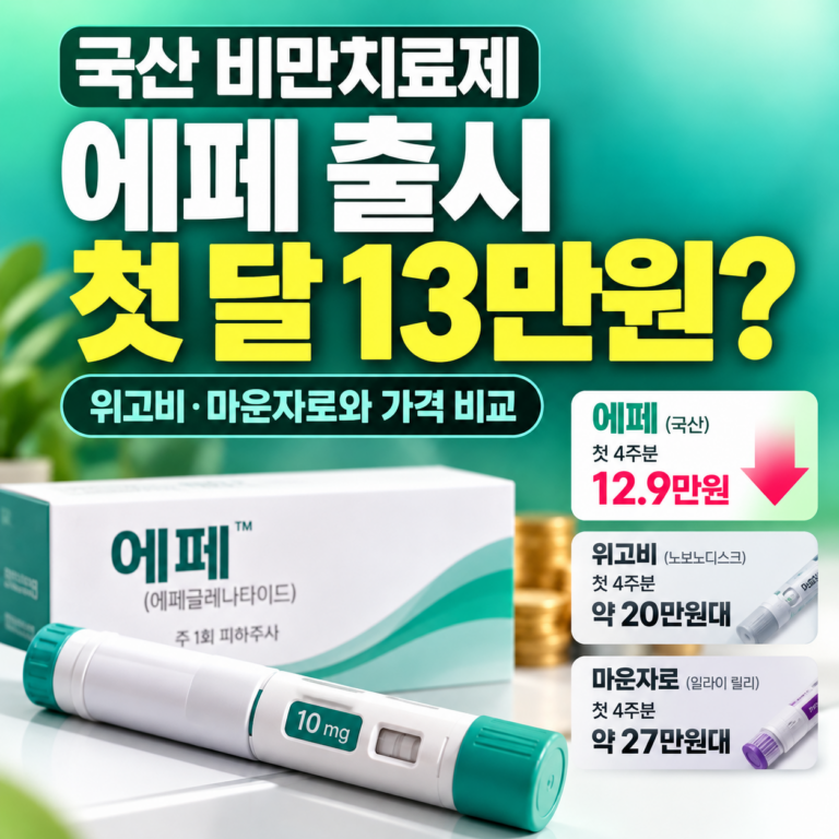 국산 비만치료제 에페 가격을 첫 4주 공급가 12만9,800원과 10mg 유지용량 4주 공급가 29만9,200원으로 비교한 청록색 썸네일