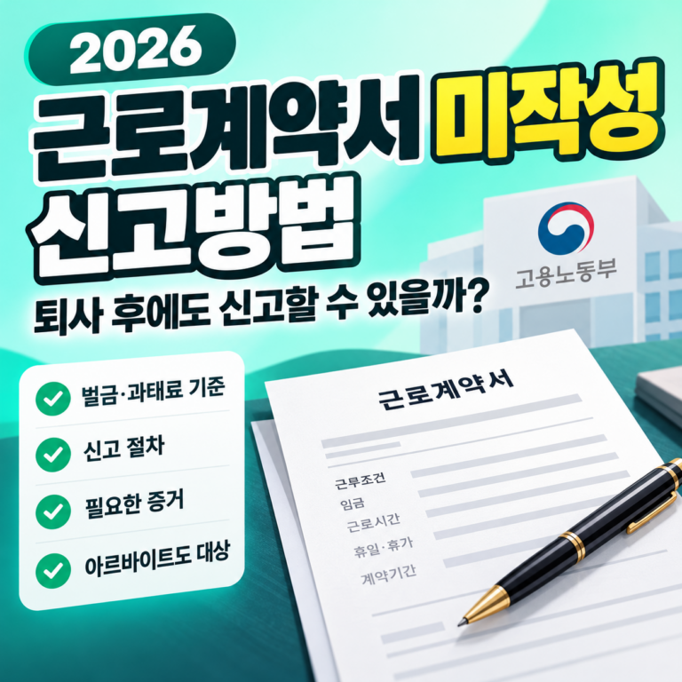 민트 청록색 배경의 근로계약서 미작성 신고방법 안내, 근로계약서 서류와 펜이 놓인 썸네일