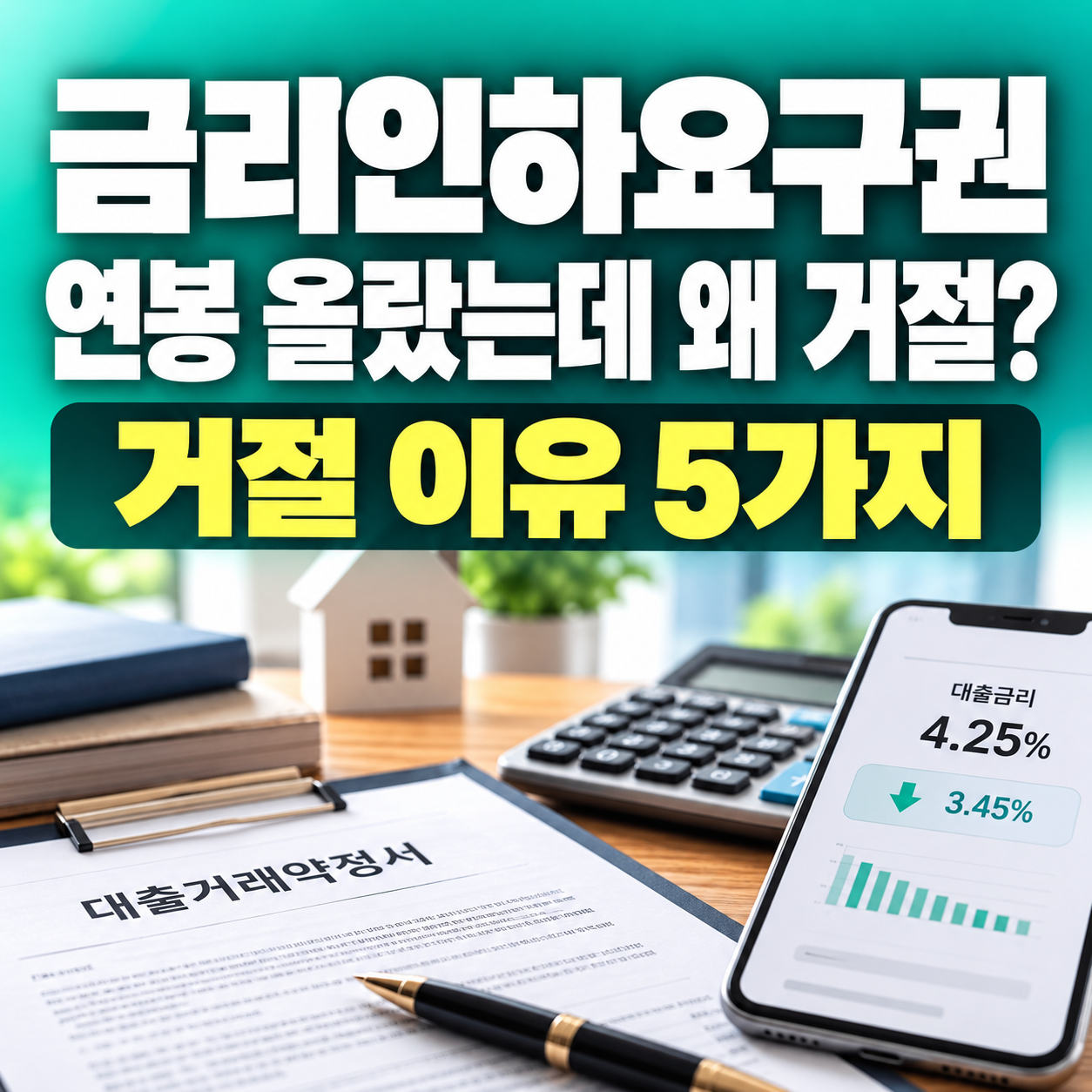 2026 금리인하요구권 거절 이유 5가지와 연봉 상승 후 대출금리 인하 신청방법을 안내하는 민트색 썸네일, 대출약정서와 계산기 및 스마트폰