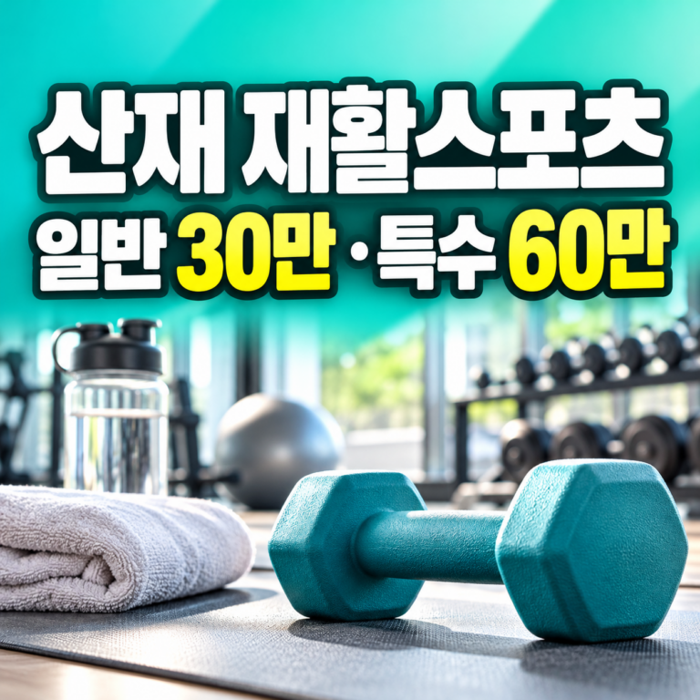 산재근로자 재활스포츠 지원금 일반 운동 최대 30만원과 특수 재활 최대 60만원을 안내하는 민트 청록색 썸네일과 운동기구 사진