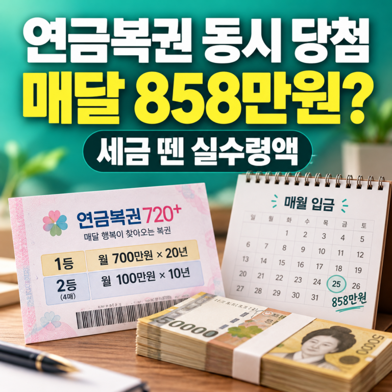 연금복권 1등 2등 동시 당첨 시 세금 22%를 공제한 월 실수령액 858만원을 안내하는 청록색 썸네일과 복권 이미지