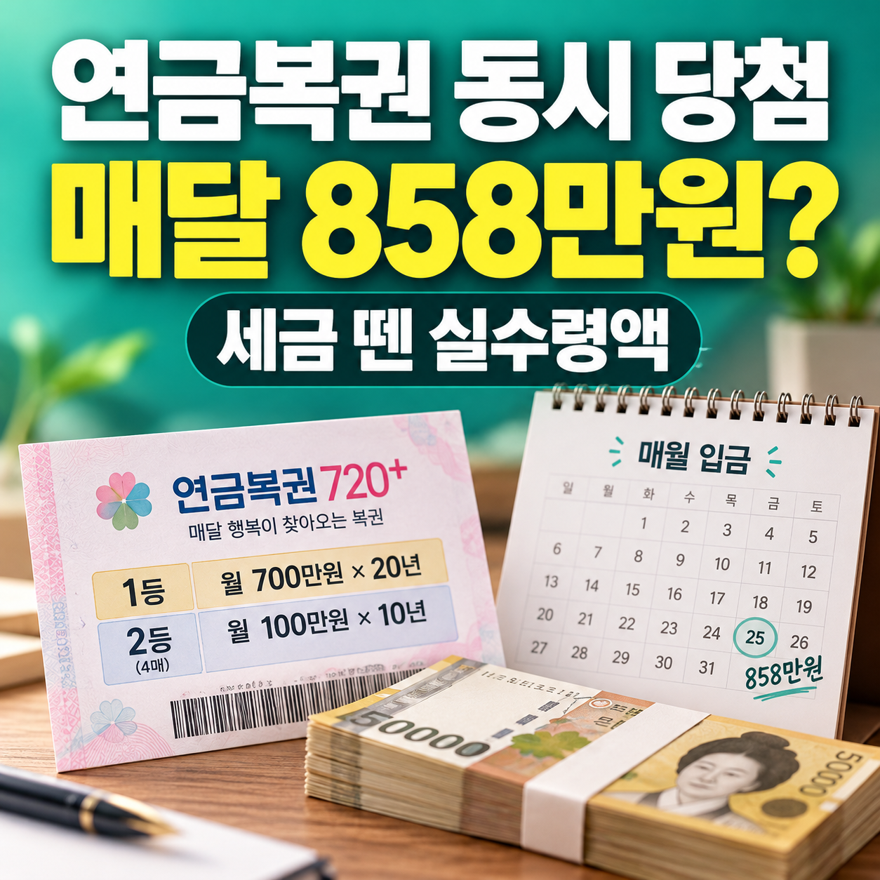 연금복권 1등 2등 동시 당첨 시 세금 22%를 공제한 월 실수령액 858만원을 안내하는 청록색 썸네일과 복권 이미지