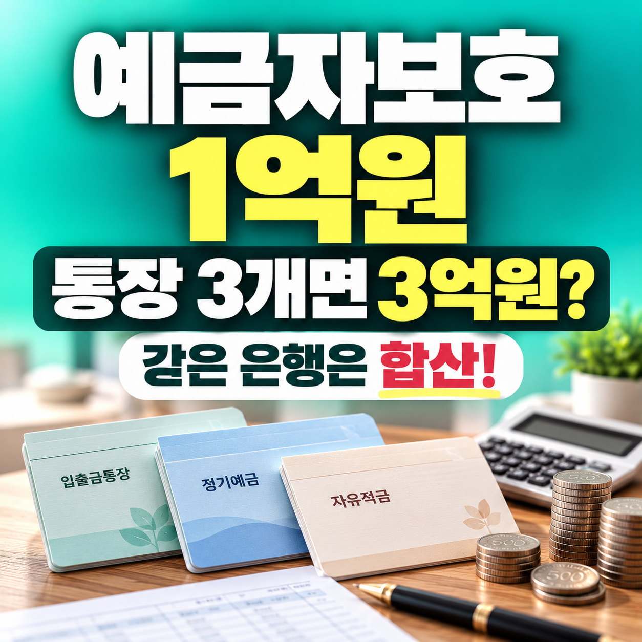 2026 예금자보호 1억원 기준과 같은 은행 통장 3개의 합산 보호한도를 안내하는 민트·청록색 썸네일, 통장과 계산기 이미지