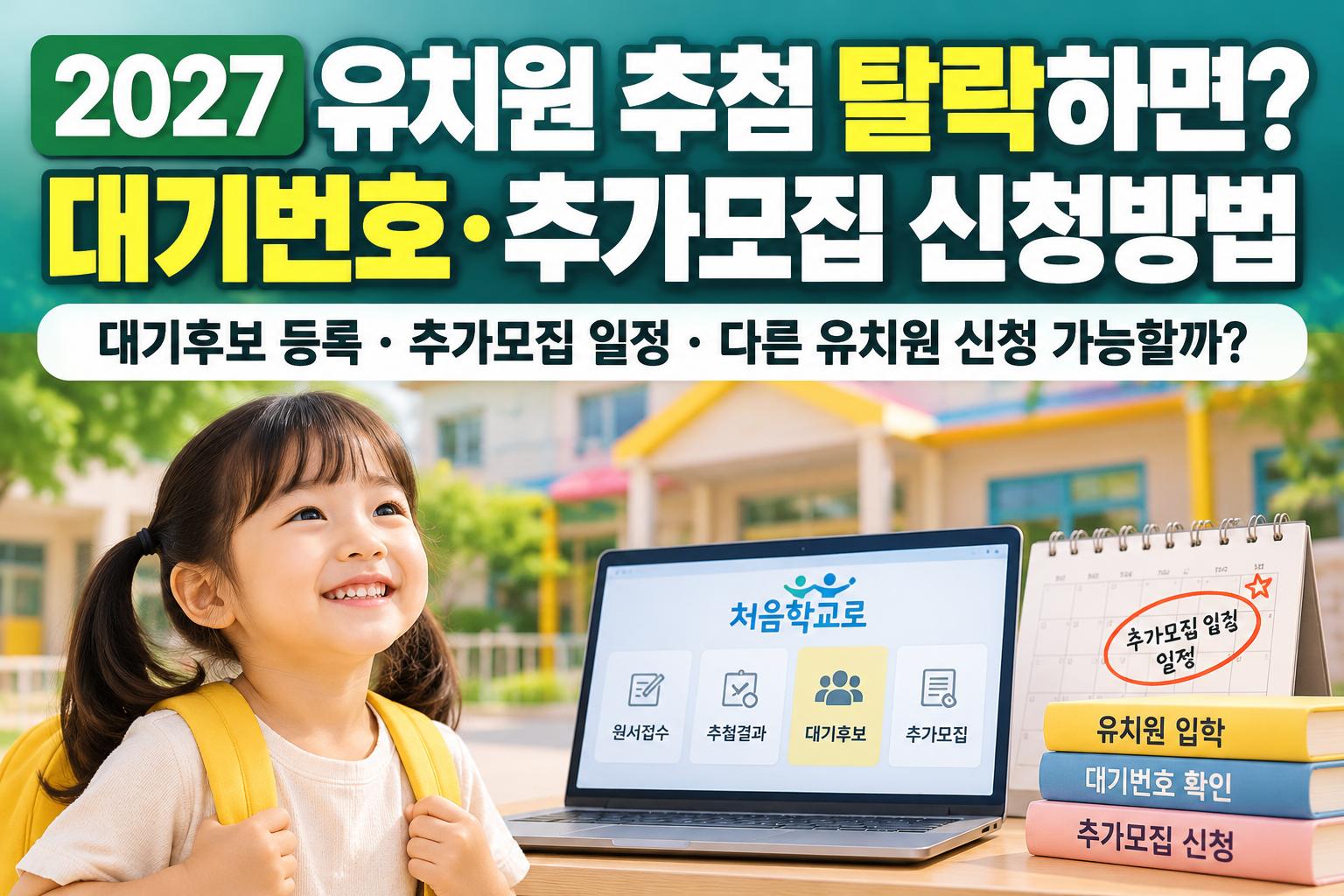 2027 유치원 추첨 탈락 시 대기번호 확인과 추가모집 신청방법을 안내하는 민트색 썸네일, 노란 가방을 멘 유아와 유치원 추첨 결과 안내판