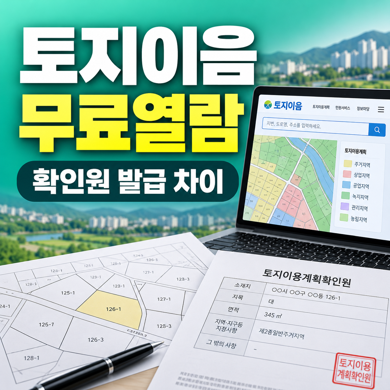 민트 청록색 그라데이션 배경에 토지이용계획확인원 발급방법과 토지이음 무료 열람을 안내하는 썸네일