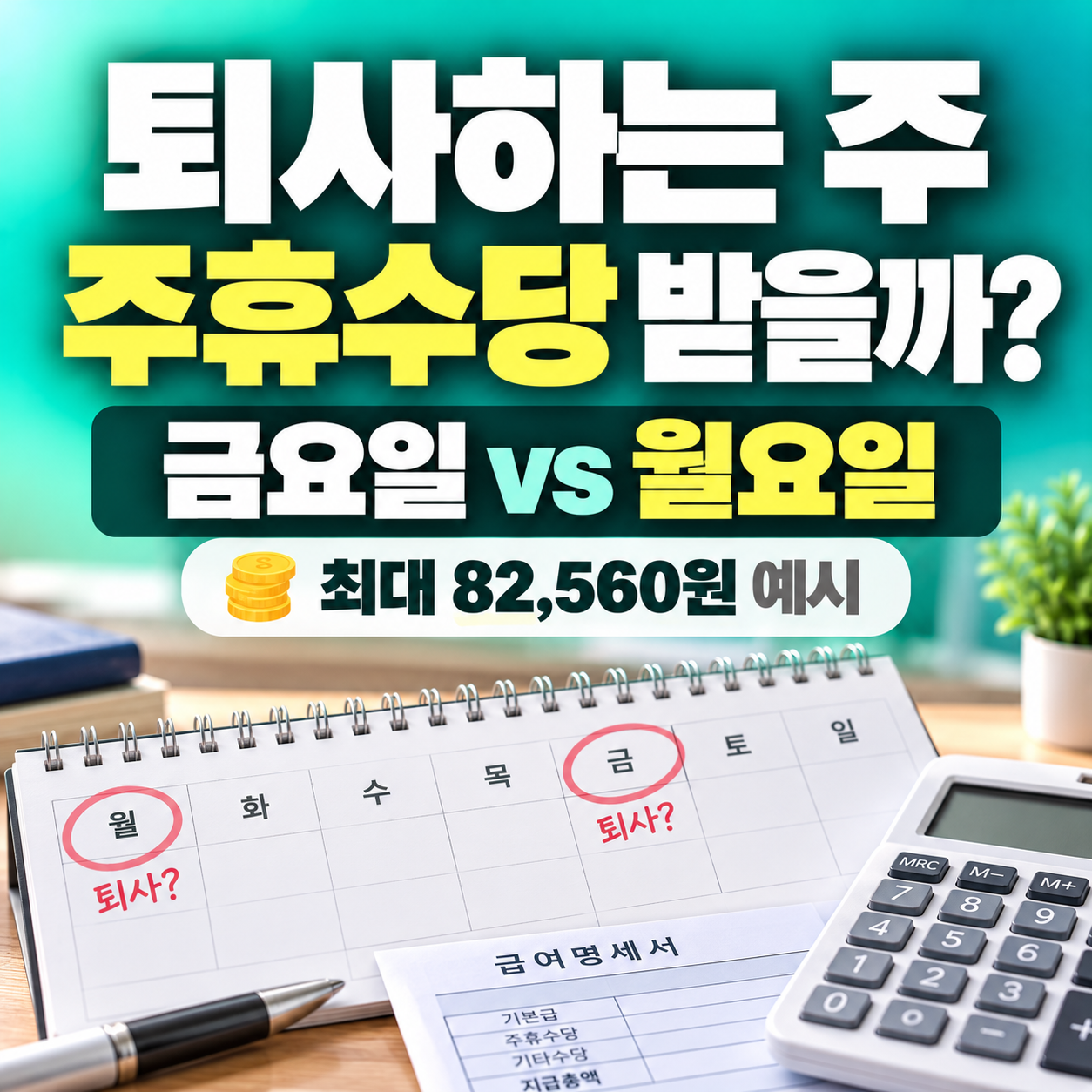 2026 퇴사하는 주 주휴수당 지급조건을 설명하는 민트색 썸네일, 금요일 마지막 출근과 월요일 퇴직 시 주휴수당 차이 안내