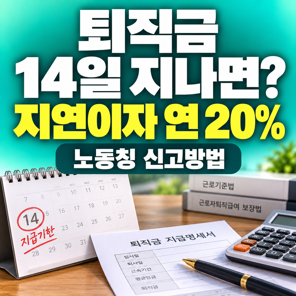 2026 퇴직금 14일 지급기한과 지연이자 20% 계산방법, 노동청 신고 절차를 안내하는 민트색 썸네일