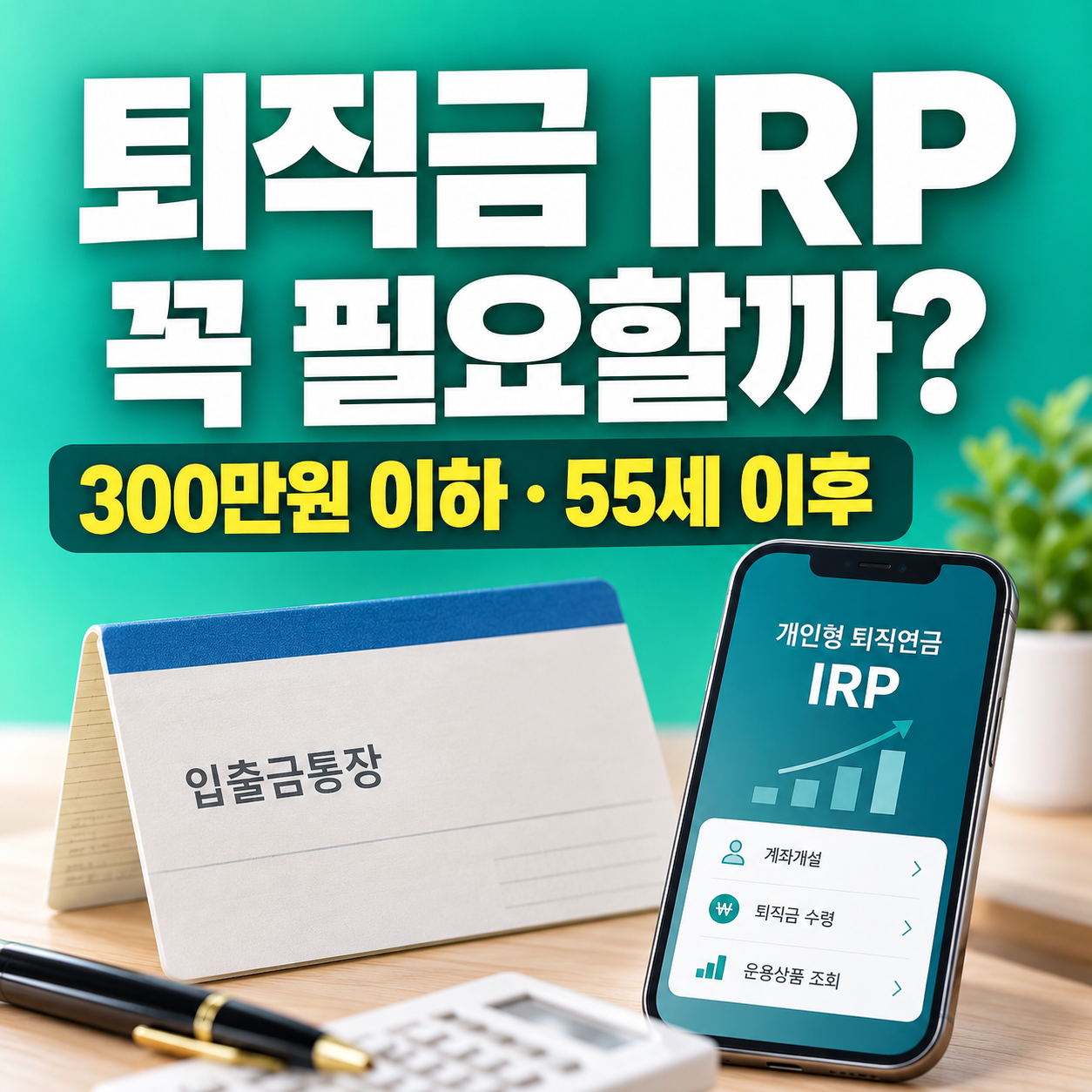2026 퇴직금 IRP 계좌 의무이전과 300만원 이하 및 55세 이후 일반통장 지급 예외 조건 안내