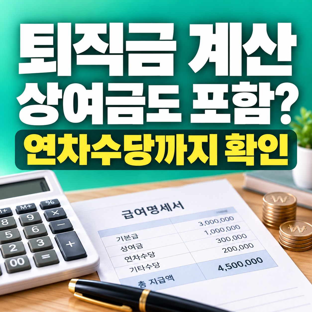 2026 퇴직금 계산 시 상여금과 연차수당 포함 여부를 설명하는 이미지, 급여명세서와 계산기 태그 (쉼표 구분, 복사용)