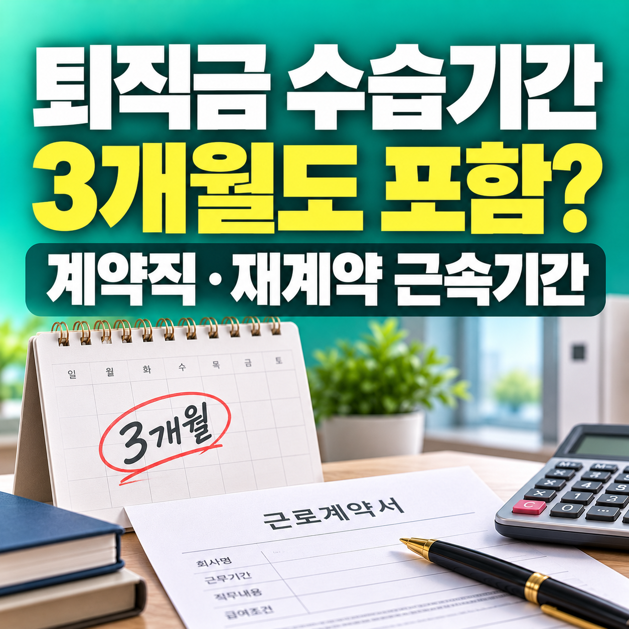 2026 퇴직금 수습기간 3개월과 계약직 재계약 근속기간 포함 여부를 설명하는 민트·청록색 썸네일, 근로계약서와 달력 및 계산기