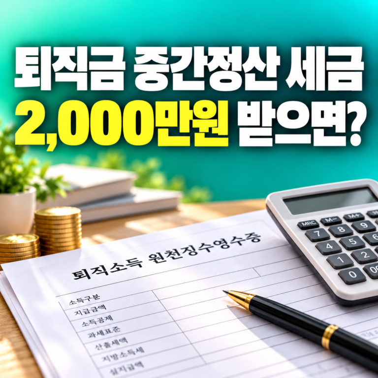 2026 퇴직금 중간정산 세금과 2,000만원 수령 시 퇴직소득세 계산을 설명하는 민트·청록색 썸네일, 원천징수영수증과 계산기