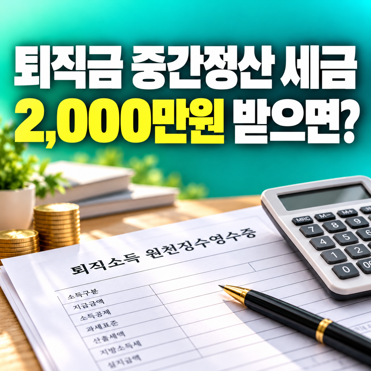 2026 퇴직금 중간정산 세금과 2,000만원 수령 시 퇴직소득세 계산을 설명하는 민트·청록색 썸네일, 원천징수영수증과 계산기