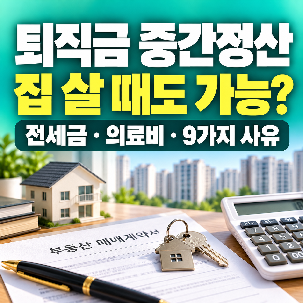2026 퇴직금 중간정산 사유 9가지와 주택 구입·전세보증금·의료비 조건을 안내하는 민트색 썸네일, 주택 모형과 부동산 계약서 및 계산기