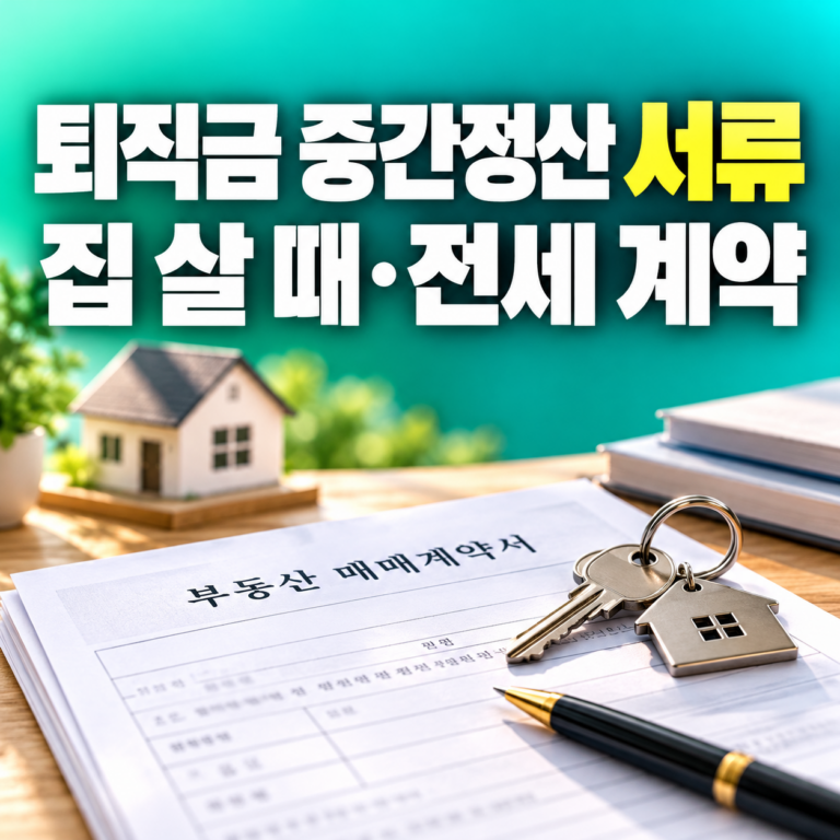 2026 퇴직금 중간정산 서류와 집 살 때·전세 계약 시 준비물을 안내하는 민트·청록색 썸네일, 부동산 매매계약서와 집 열쇠